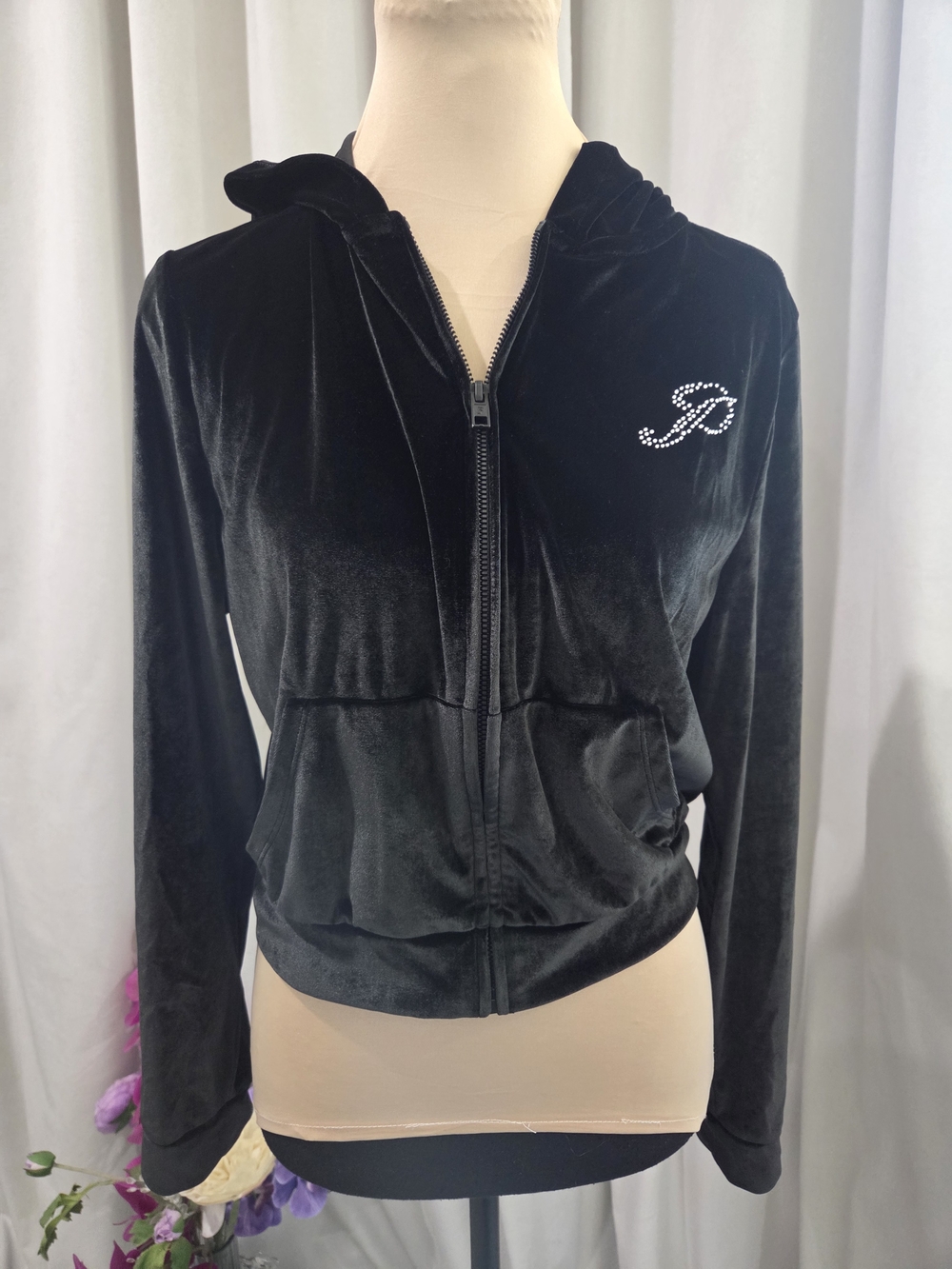 PINK Victoria's Secret Black Velour Rhinestone Logo Zip Hoodie